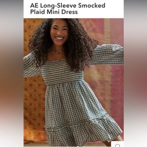American Eagle Outfitters Blue and Cream Smocked Plaid Dress